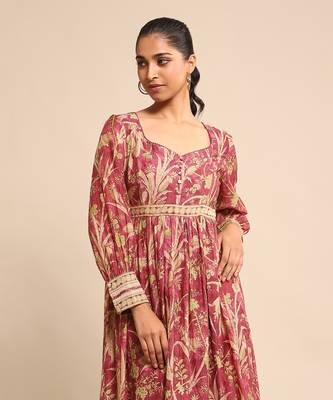 RITU KUMAR Wine botanical print chanderi dress 5