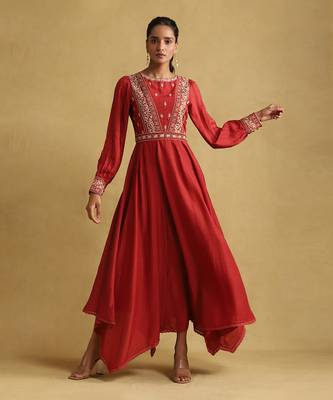RITU KUMAR Rust embroidered viscose linen dress 1