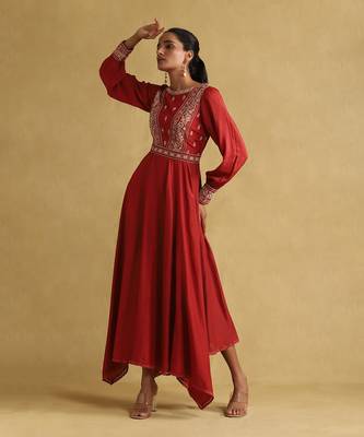 RITU KUMAR Rust embroidered viscose linen dress 2