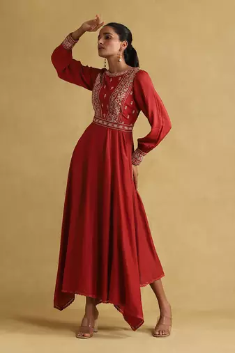 RITU KUMAR Rust embroidered viscose linen dress