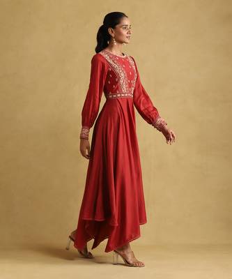 RITU KUMAR Rust embroidered viscose linen dress 3
