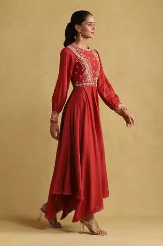 RITU KUMAR Rust embroidered viscose linen dress