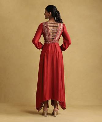 RITU KUMAR Rust embroidered viscose linen dress 4