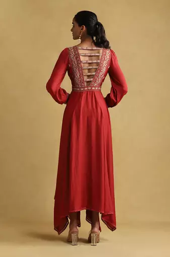 RITU KUMAR Rust embroidered viscose linen dress