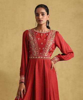 RITU KUMAR Rust embroidered viscose linen dress 5