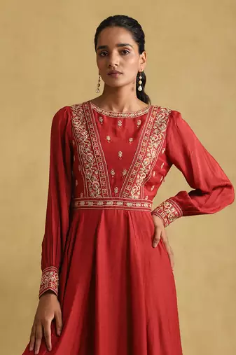 RITU KUMAR Rust embroidered viscose linen dress