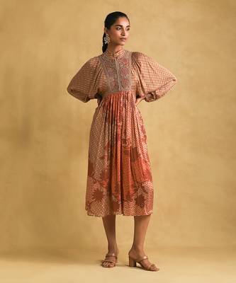 RITU KUMAR Rust micro print embroidered dress 1