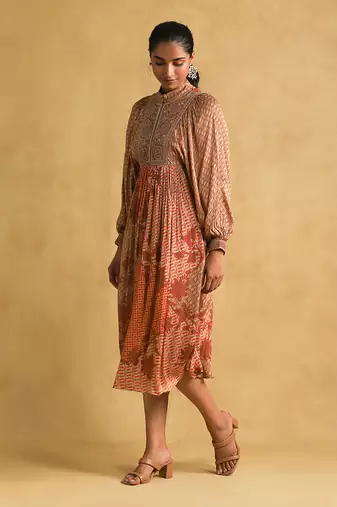 RITU KUMAR Rust micro print embroidered dress