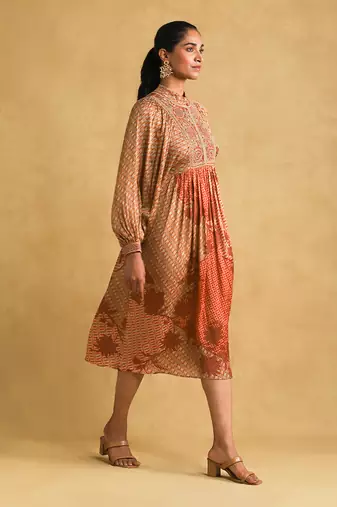 RITU KUMAR Rust micro print embroidered dress
