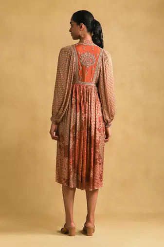 RITU KUMAR Rust micro print embroidered dress
