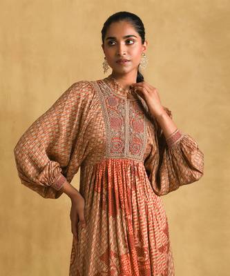 RITU KUMAR Rust micro print embroidered dress 5
