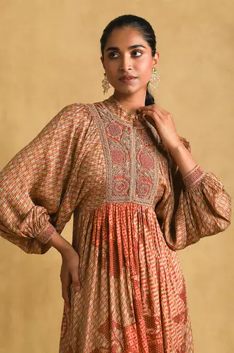 RITU KUMAR Rust micro print embroidered dress