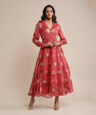 RITU KUMAR Coral floral print organza dress 1