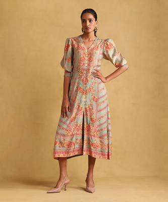 RITU KUMAR Green floral print viscose silk dress 1