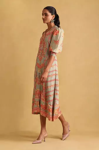 RITU KUMAR Green floral print viscose silk dress