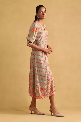 RITU KUMAR Green floral print viscose silk dress