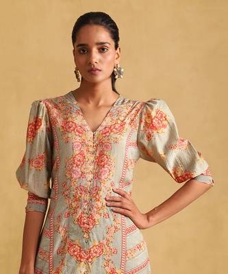 RITU KUMAR Green floral print viscose silk dress 5