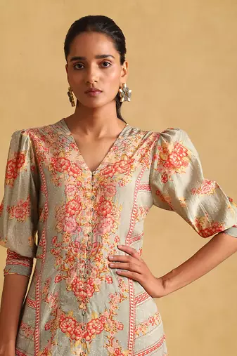 RITU KUMAR Green floral print viscose silk dress