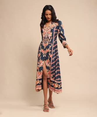 RITU KUMAR Navy floral print viscose silk dress 1