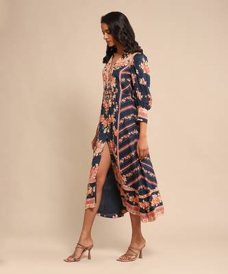 RITU KUMAR Navy floral print viscose silk dress 2