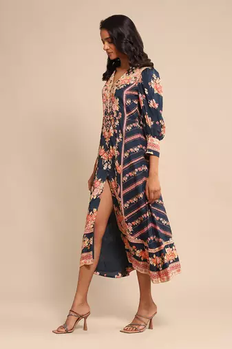 RITU KUMAR Navy floral print viscose silk dress