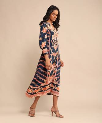 RITU KUMAR Navy floral print viscose silk dress 3