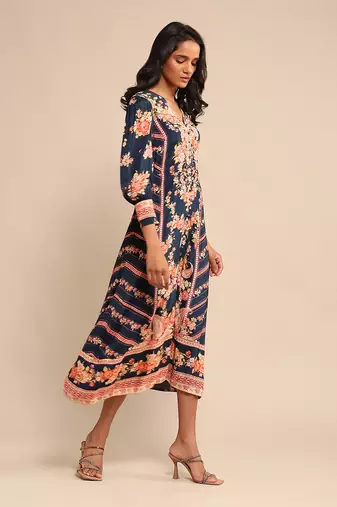 RITU KUMAR Navy floral print viscose silk dress