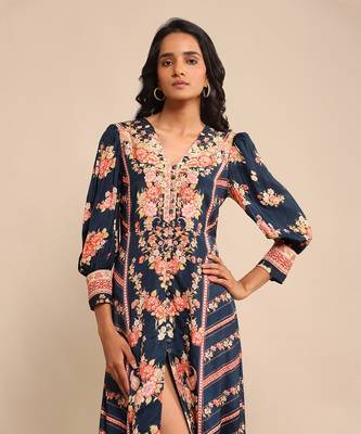 RITU KUMAR Navy floral print viscose silk dress 5