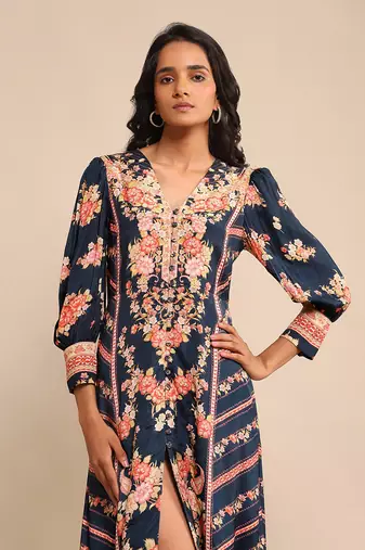 RITU KUMAR Navy floral print viscose silk dress