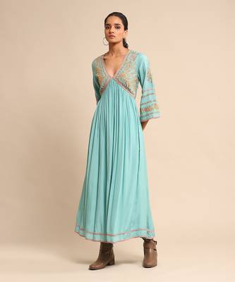 RITU KUMAR Turquoise embroidered tussar silk dress 1