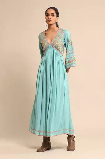 RITU KUMAR Turquoise embroidered tussar silk dress