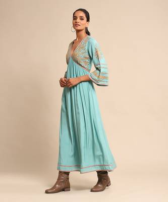 RITU KUMAR Turquoise embroidered tussar silk dress 2