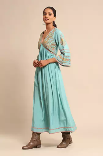 RITU KUMAR Turquoise embroidered tussar silk dress