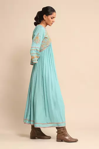 RITU KUMAR Turquoise embroidered tussar silk dress