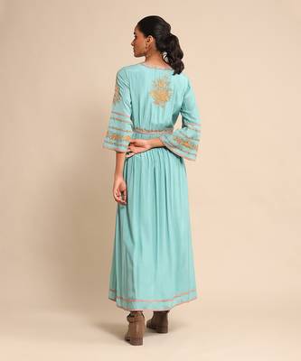 RITU KUMAR Turquoise embroidered tussar silk dress 4