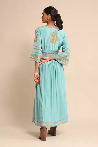 RITU KUMAR Turquoise embroidered tussar silk dress