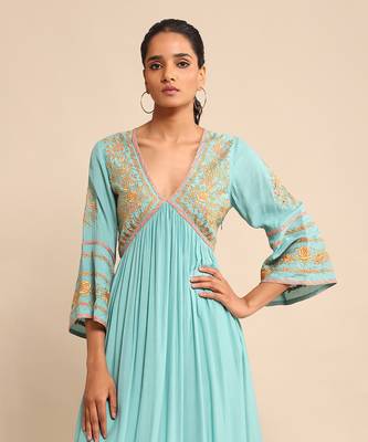 RITU KUMAR Turquoise embroidered tussar silk dress 5