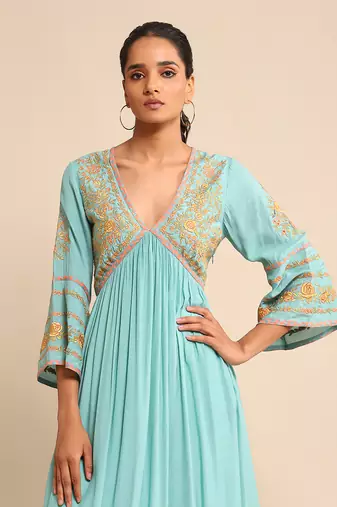RITU KUMAR Turquoise embroidered tussar silk dress