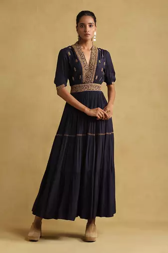 RITU KUMAR Navy blue embroidered viscose silk dress