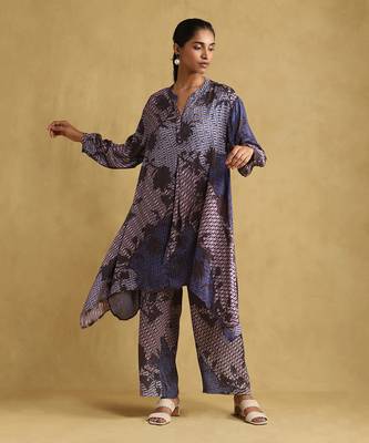RITU KUMAR Blue micro print asymmetric kurta set 1
