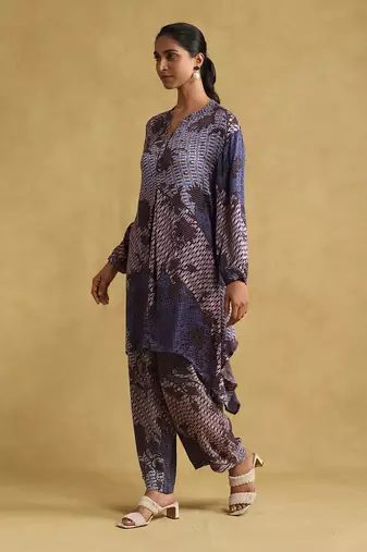 RITU KUMAR Blue micro print asymmetric kurta set
