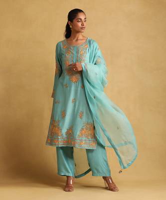 Turquoise embroidered tussar silk kurta set 1