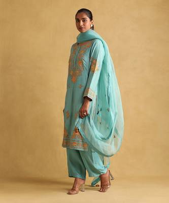 Turquoise embroidered tussar silk kurta set 2