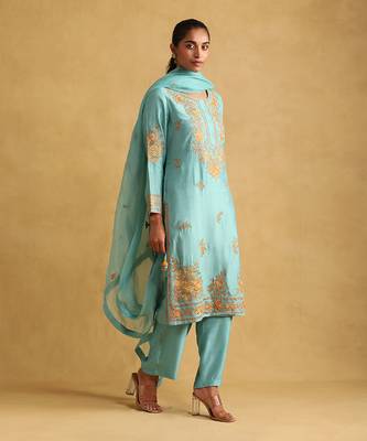 Turquoise embroidered tussar silk kurta set 3