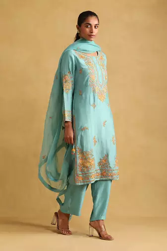 Turquoise embroidered tussar silk kurta set