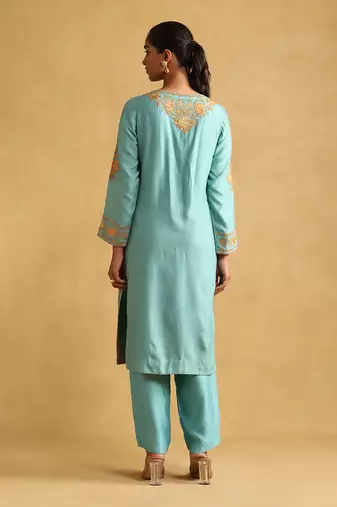 Turquoise embroidered tussar silk kurta set