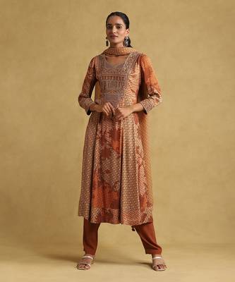 Rust micro print embroidered kurta set 1