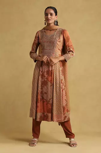 Rust micro print embroidered kurta set