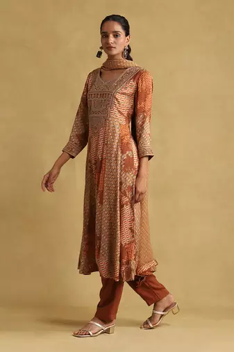 Rust micro print embroidered kurta set