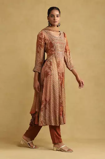 Rust micro print embroidered kurta set